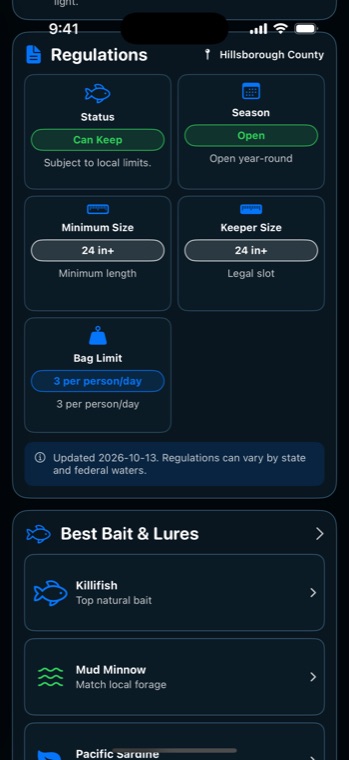 SaltStrike fishing regulations screen with status, season, minimum size and bag limit for Hillsborough County, Florida