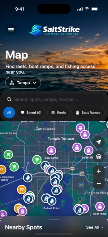 SaltStrike map of artificial reefs, boat ramps and fishing access near Tampa, Florida