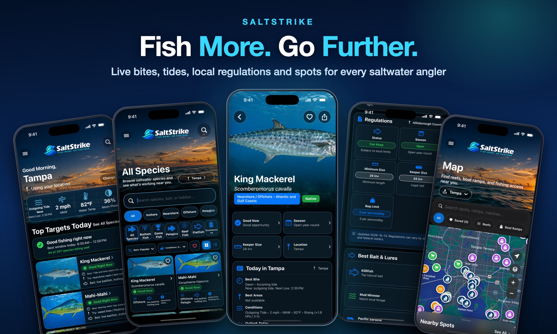 Five SaltStrike iPhone screens: home, species, species detail, regulations and map